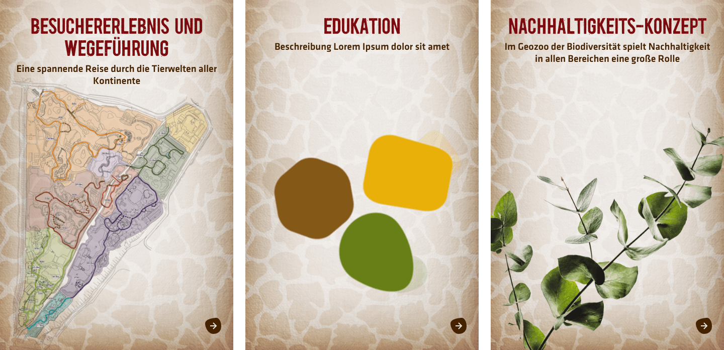 3 Bild-Teaser mit Freisteller und Giraffenfell-Muster im Hintergrund