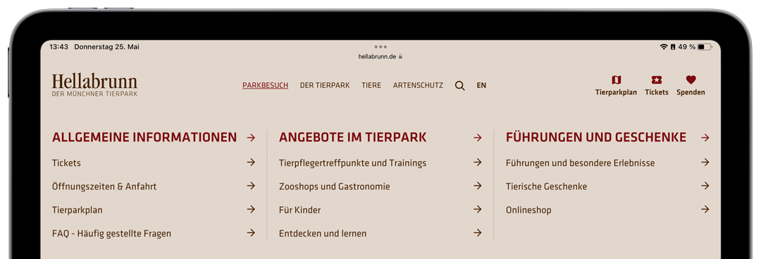 Seitenheader mit geöffneter Navigation auf einem iPad