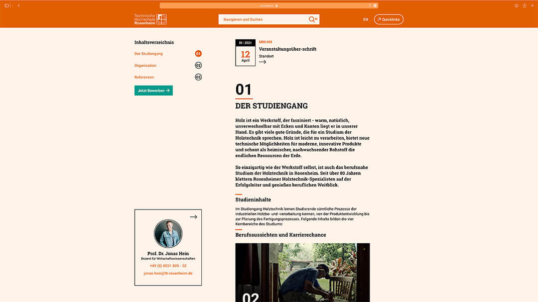 Inhalt und Navigation der Studiengangsdetailseite