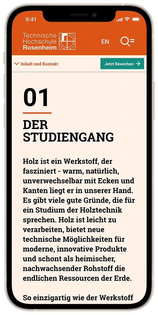 Inhalt und Navigation der Studiengangsdetailseite auf einem iPhone